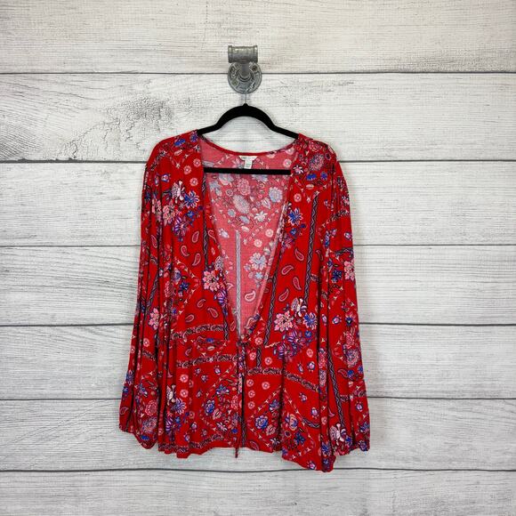 Cato Plus Size Red Floral Tie Front Long Sleeve Blouse Size 22/24W - Picture 1 of 8